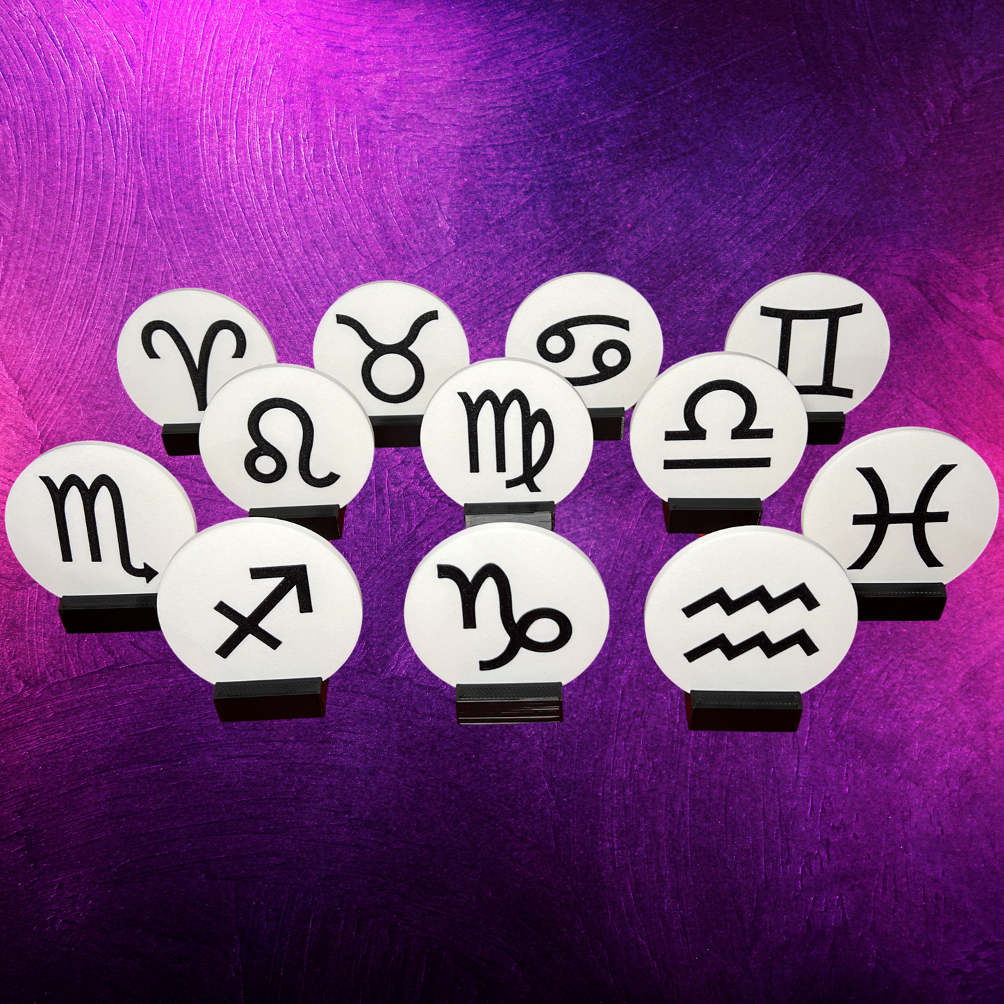 Zodiac Astrology Pin Badge Set - 12 Constellations - 3” Diameter - Includes Black Display Stand